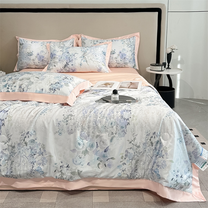 91家纺网 家纺一手货源 找家纺 笙意家纺 2025新款水洗冰丝数码印花拼角宽边夏被 素瑾