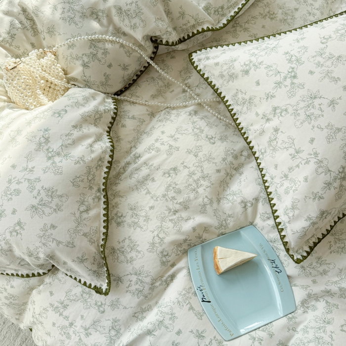 91家纺网 家纺一手货源 找家纺 金丝鸟家纺 2025新款全棉双层纱贝壳边四件套花卉系列 绿意枝头