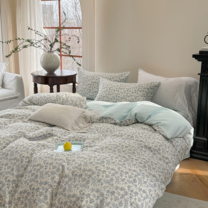 91家纺网 家纺一手货源 找家纺 2025新款全棉有氧双层纱四件套-碎花系列 悠然南山