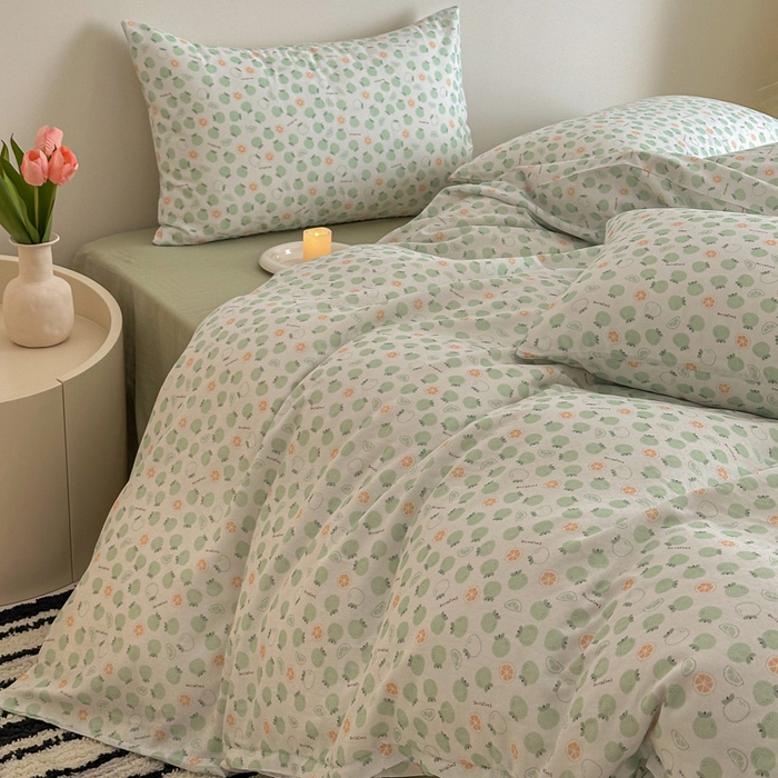 91家纺网 家纺一手货源 找家纺 塞纳 2026新款.全棉有氧双层纱四件套-场景二-大橘大利-绿