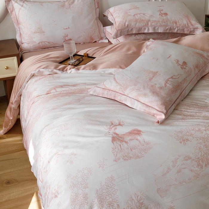 91家纺网 家纺一手货源 找家纺 金奇达2025新款【休闲午后】-轻氧水光莱赛尔四件套（标准号全网控价（折后券后）不低于258） 路易莎-粉