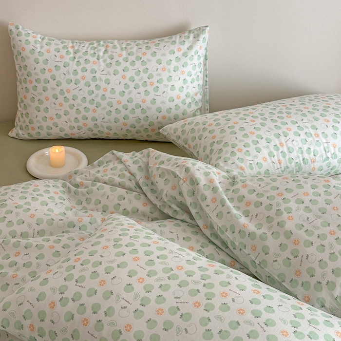 91家纺网 家纺一手货源 找家纺 塞纳 2026新款.全棉有氧双层纱四件套-场景二-大橘大利-绿