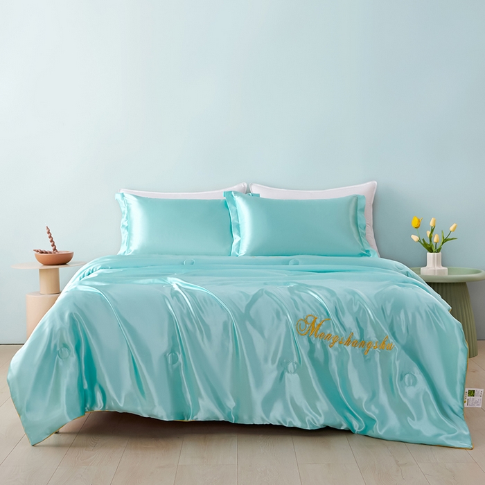 91家纺网 家纺一手货源 找家纺 梦尚舒 2025新款水洗真丝夏被冰丝空调被夏凉被子 水蓝-天丝夏被