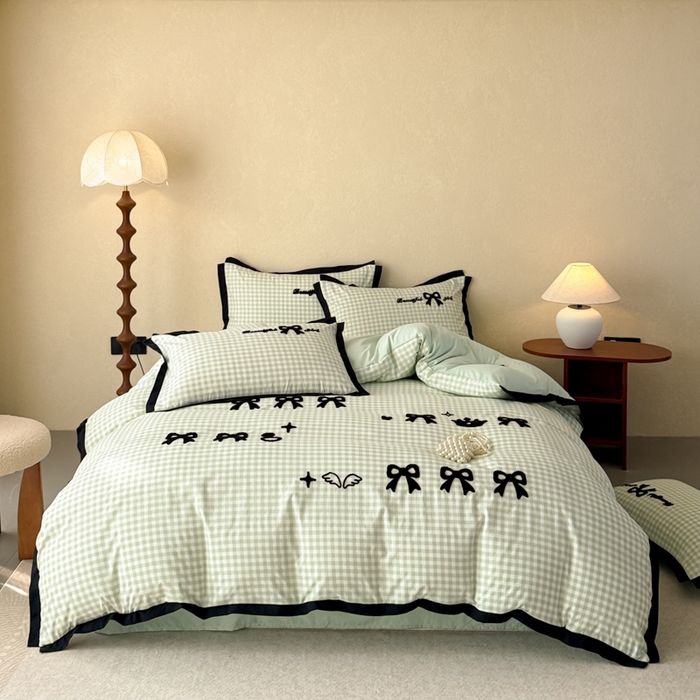 91家纺网 家纺一手货源 找家纺 米可2025新款水洗棉绣花花边款四件套 蝴蝶结-绿