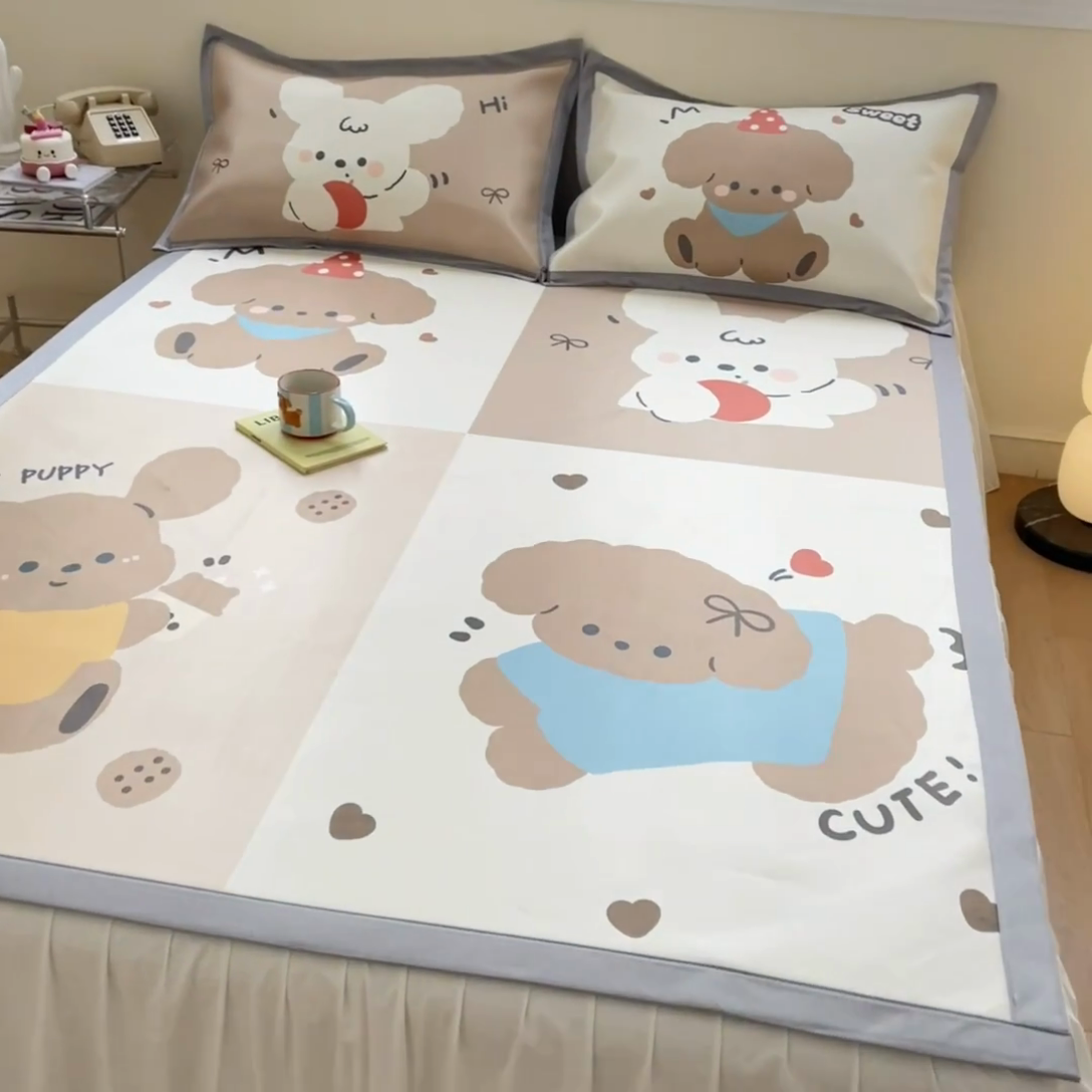 91家纺网 家纺一手货源 找家纺 川悦生活 2025新款大版凉感冰丝席三件套 快乐小萌狗