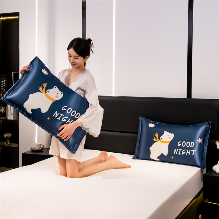 91家纺网 家纺一手货源 找家纺 梦舒羽 2025新款可水洗冰丝卡通枕套宿舍48x74cm单人凉爽枕头套 北极熊