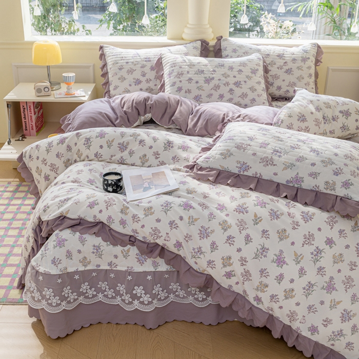 91家纺网 家纺一手货源 找家纺 珍爱家纺 2025新款A类针织棉双层纱夹棉床盖床裙花边单件三件四件套薰衣草