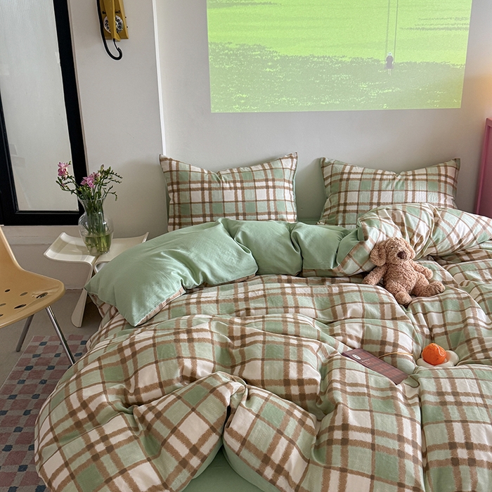 91家纺网 家纺一手货源 找家纺 2025新款全棉有氧双层纱四件套-简约系列 格调-绿