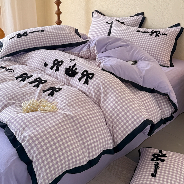 91家纺网 家纺一手货源 找家纺 米可2025新款水洗棉绣花花边款四件套 蝴蝶结-紫