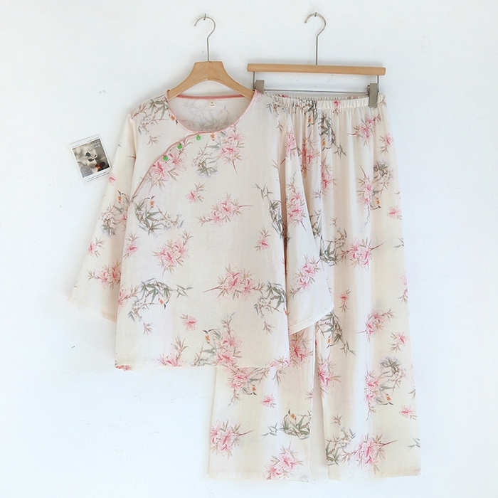 91家纺网 家纺一手货源 找家纺 洛兰沙家居馆【只代发】【只代发】 2025新款国风竹纤维鸟语花香春夏女睡衣大码长袖长裤自带凉感休闲套装 ls1309