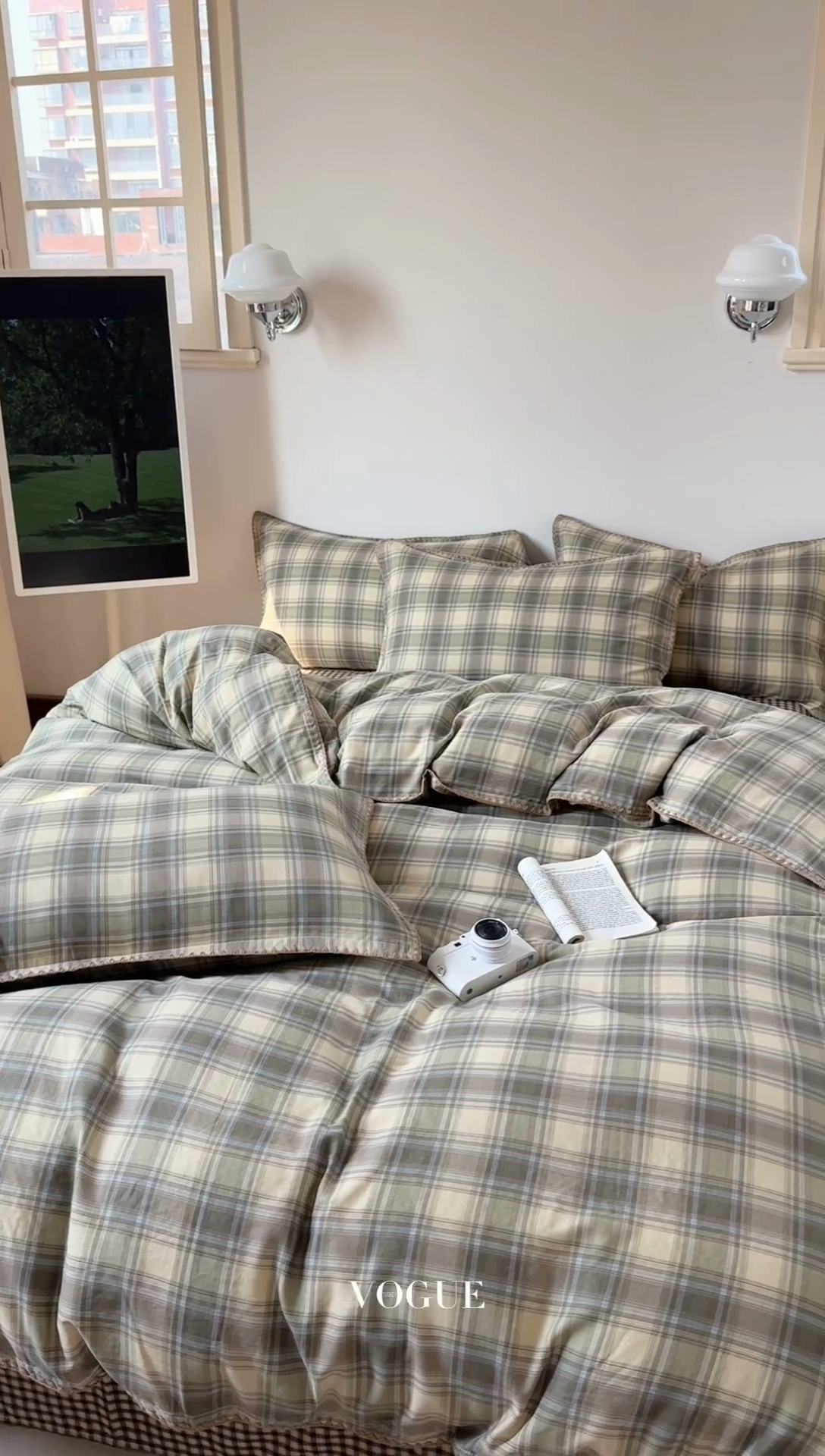 91家纺网 家纺一手货源 找家纺 金丝鸟家纺 2025新款全棉双层纱贝壳边四件套格子系列 轨迹绿格