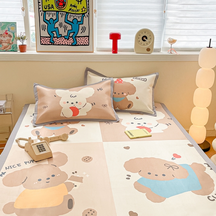 91家纺网 家纺一手货源 找家纺 川悦生活 2025新款大版凉感冰丝席三件套 快乐小萌狗