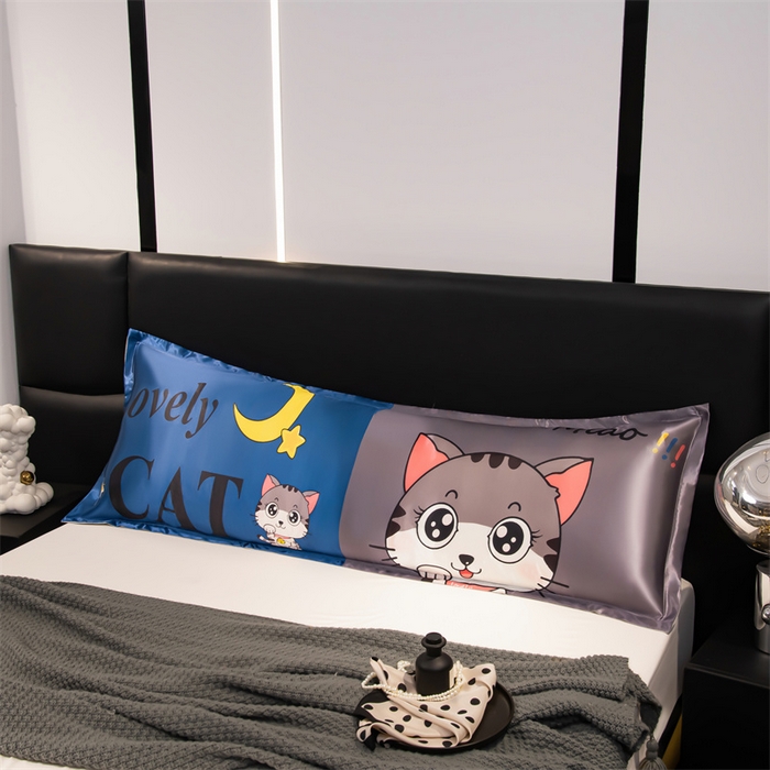 91家纺网 家纺一手货源 找家纺 梦舒羽 2025新款可水洗冰丝双人枕套凉爽情侣枕头套枕芯套 招财小猫