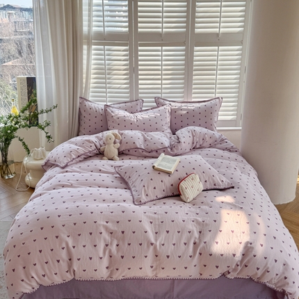 91家纺网 家纺一手货源 找家纺 （总）金丝鸟家纺 2025新款全棉双层纱贝壳边四件套花卉系列