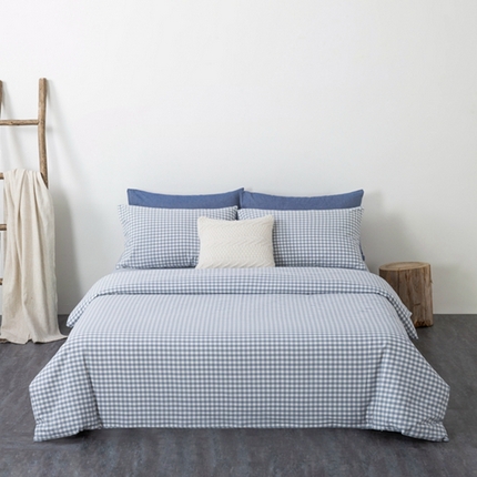 91家纺网 家纺一手货源 找家纺 玖弘家居 2025新款水洗棉单被套 浅蓝小格