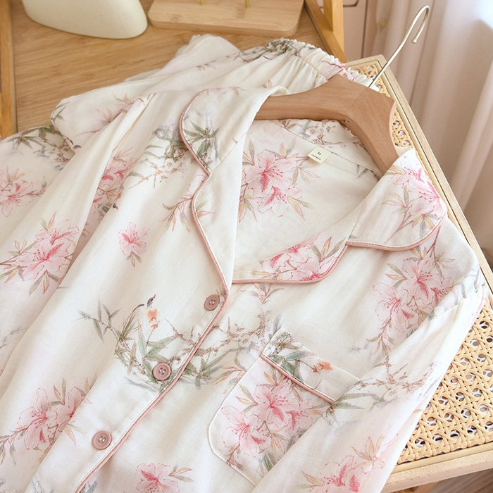 91家纺网 家纺一手货源 找家纺 洛兰沙家居馆【只代发】【只代发】 2025新款国风竹纤维鸟语花香春夏女睡衣大码长袖长裤自带凉感休闲套装 ls1309