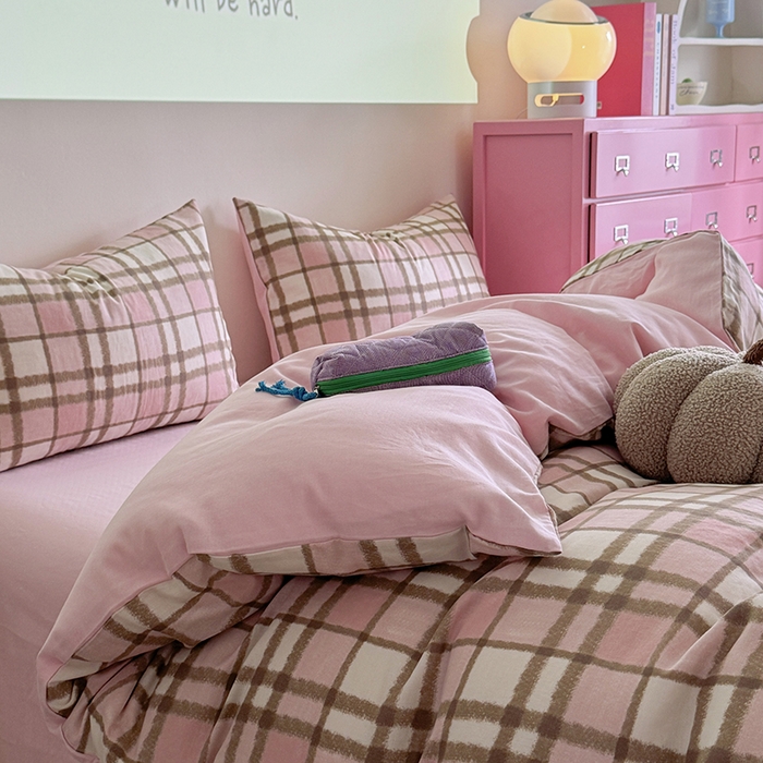 91家纺网 家纺一手货源 找家纺 2025新款全棉有氧双层纱四件套-简约系列 格调-粉