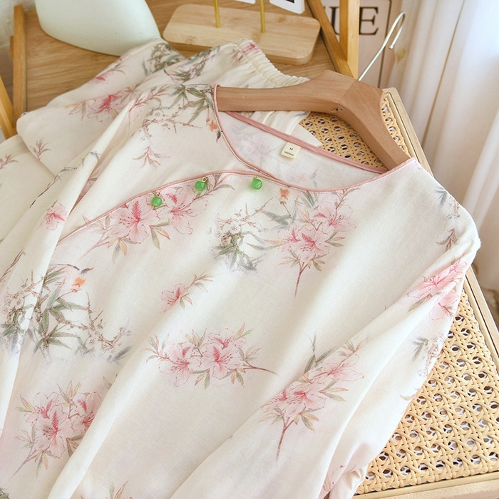 91家纺网 家纺一手货源 找家纺 洛兰沙家居馆【只代发】【只代发】 2025新款国风竹纤维鸟语花香春夏女睡衣大码长袖长裤自带凉感休闲套装 ls1309