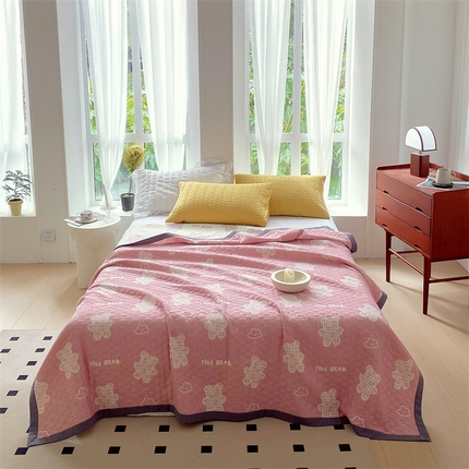 鸣升家纺 2025新款a类全棉三层纱多功能毛巾被盖毯床单夏被空调被 云朵小熊-粉
