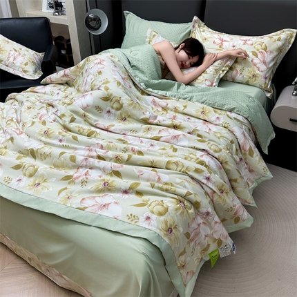 91家纺网 家纺一手货源 找家纺 （总）满羽家纺 2025热款冰丝绸冰豆豆被夏被四件套凉感空调被(踩棉工艺)（吊边床单）-印花