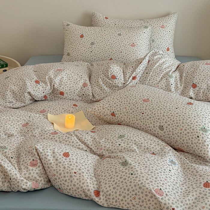 91家纺网 家纺一手货源 找家纺 塞纳 2026新款.全棉有氧双层纱四件套-场景二-南瓜派对-黄