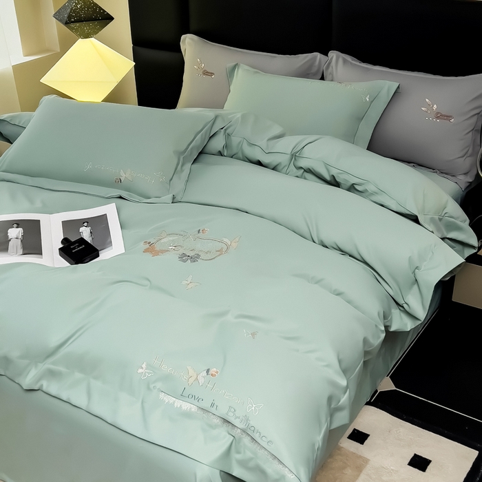 91家纺网 家纺一手货源 找家纺 曲之慕 2025新品四季款高端刺绣四件套简约可水洗轻奢纯色刺绣四件套 梦飞令浅绿