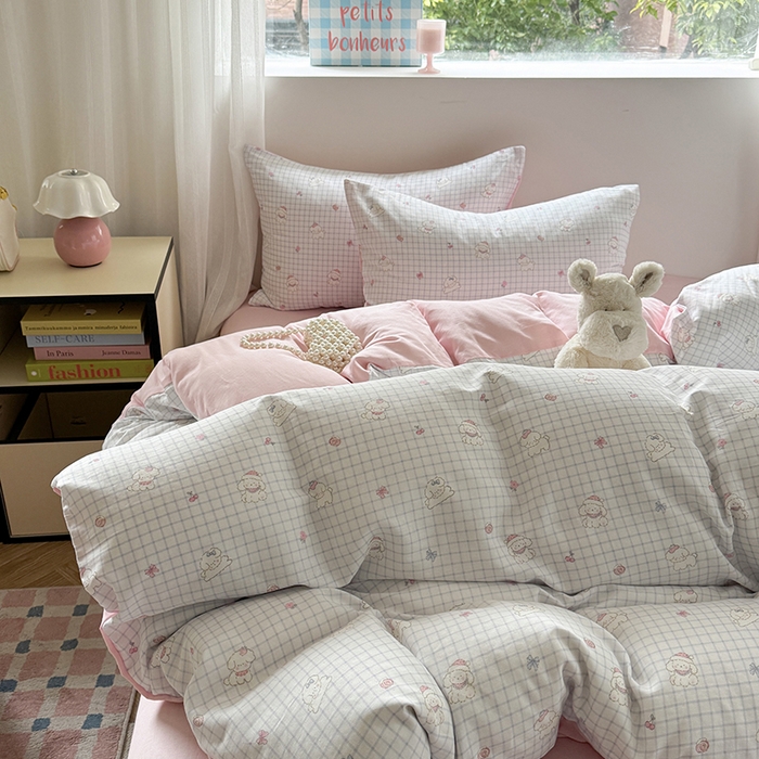 91家纺网 家纺一手货源 找家纺 2025新款全棉有氧双层纱四件套-卡通系列 甜宠修狗