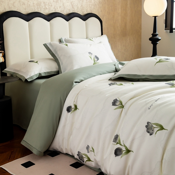 91家纺网 家纺一手货源 找家纺 金奇达2025新款【曼妙庄园】-轻氧水光天丝棉四件套（标准号全网控价（折后券后）不低于268） 玫瑰花语-森绿