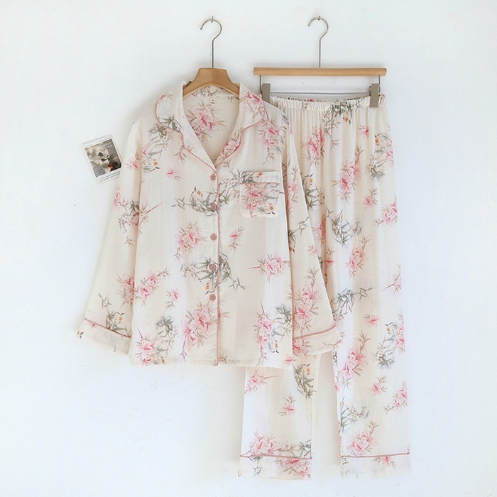 91家纺网 家纺一手货源 找家纺 洛兰沙家居馆【只代发】【只代发】 2025新款国风竹纤维鸟语花香春夏女睡衣大码长袖长裤自带凉感休闲套装 ls1309