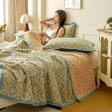 棠薇家纺 2025新款全棉彩纱双层纱夏被三层纱多功能毛巾被纱布毯细纱床盖 温柔古典