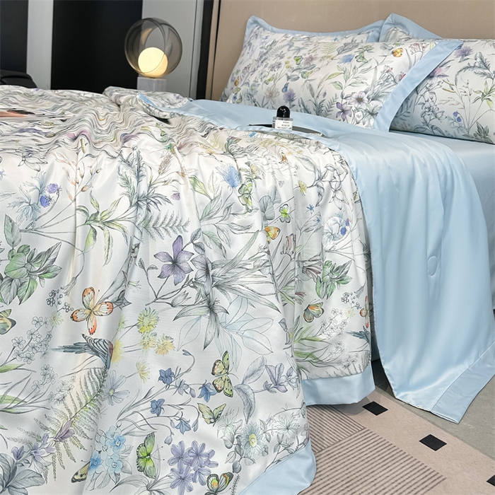 91家纺网 家纺一手货源 找家纺 笙意家纺 2025新款水洗冰丝数码印花拼角宽边夏被 七彩福蝶