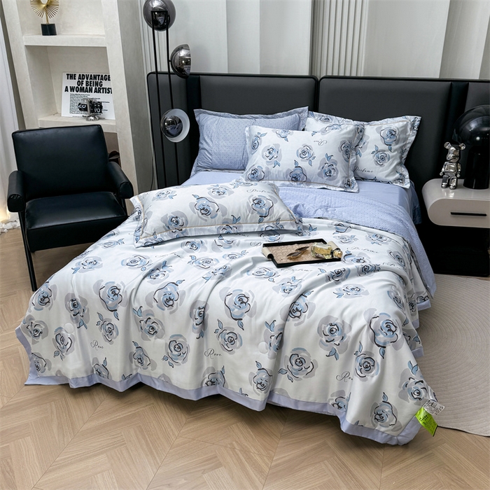 91家纺网 家纺一手货源 找家纺 （总）满羽家纺 2025热款冰丝绸冰豆豆被夏被四件套凉感空调被(踩棉工艺)（吊边床单）-印花