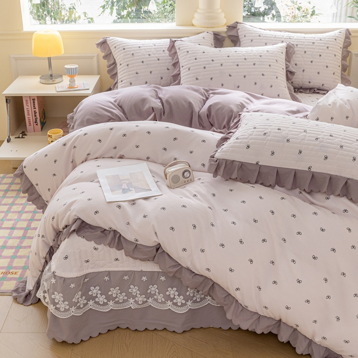 91家纺网 家纺一手货源 找家纺 珍爱家纺 2025新款A类针织棉双层纱夹棉床盖床裙花边单件三件四件套米亚