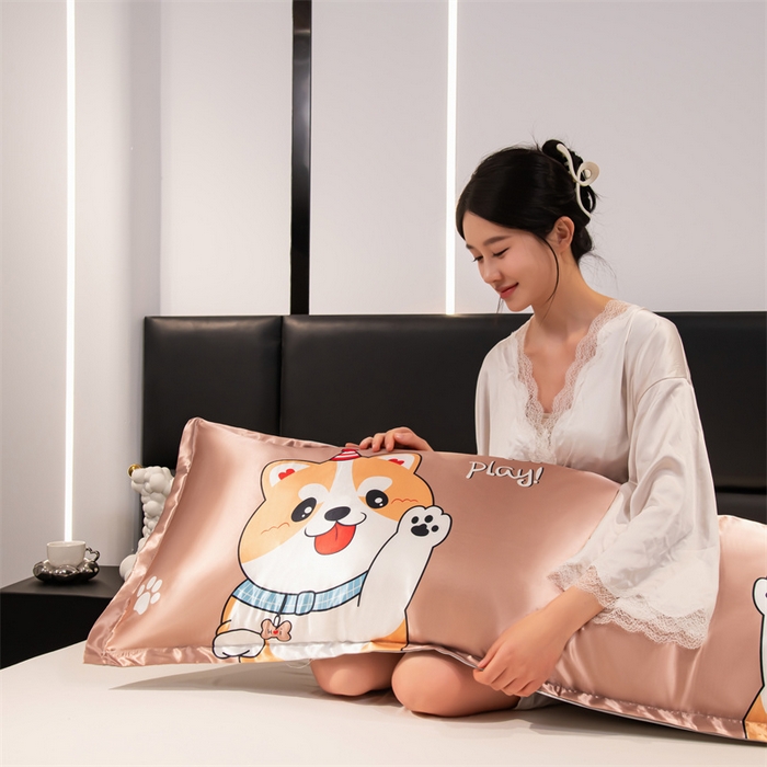 91家纺网 家纺一手货源 找家纺 梦舒羽 2025新款可水洗冰丝双人枕套凉爽情侣枕头套枕芯套 可爱汪