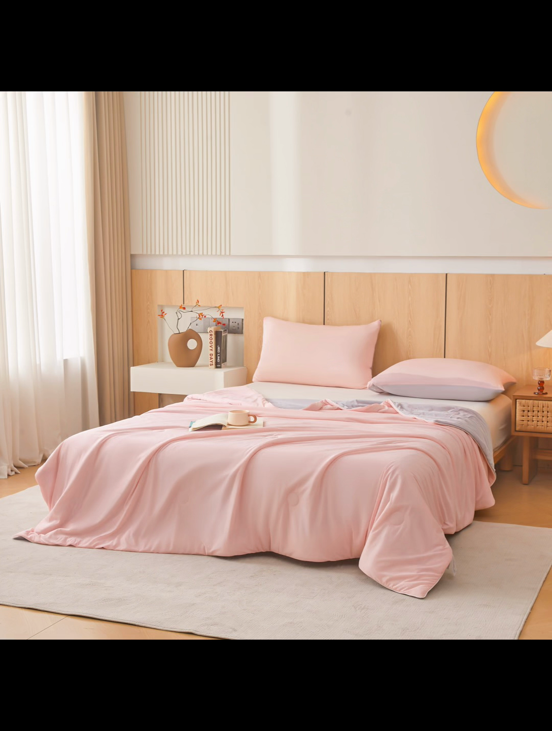 91家纺网 家纺一手货源 找家纺 居易简 2025新款夏被空调被A类云母氨纶凉感丝夏凉被（可供外贸跨境）  梦幻粉+山灰