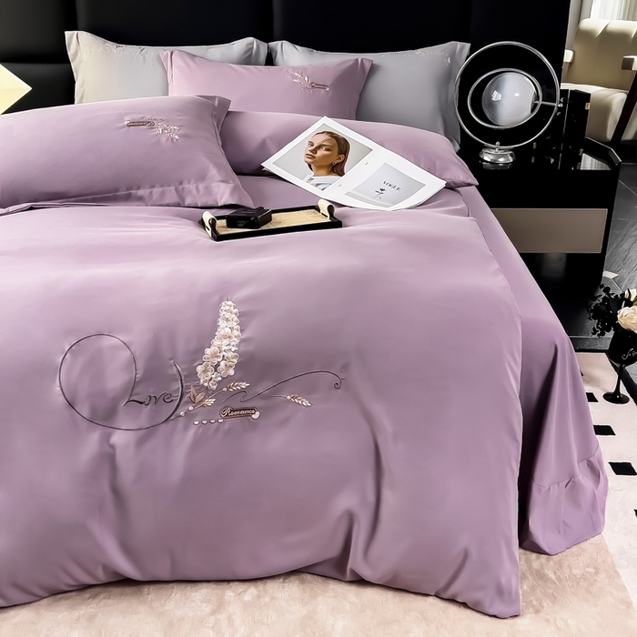 91家纺网 家纺一手货源 找家纺 曲之慕 2025新品四季款高端刺绣四件套简约可水洗轻奢纯色刺绣四件套 大麦优雅紫