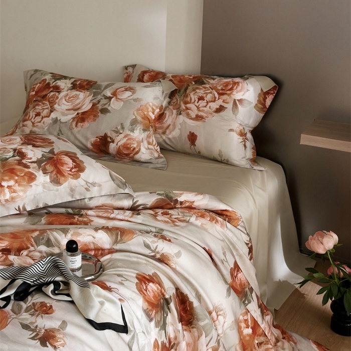 91家纺网 家纺一手货源 找家纺 金奇达2025新款【艺术花卉】-茧养莱赛尔四件套（标准号全网控价（折后券后）不低于228元） 妮缇-咖