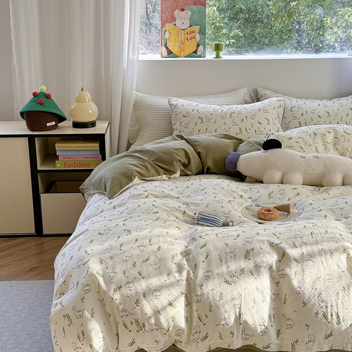 91家纺网 家纺一手货源 找家纺 2025新款全棉有氧双层纱四件套-卡通系列 快乐恐龙