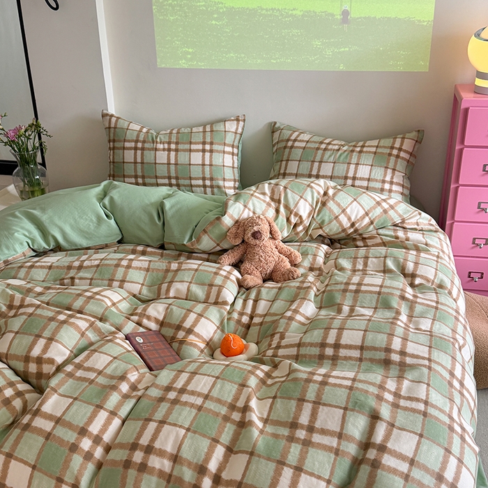 91家纺网 家纺一手货源 找家纺 2025新款全棉有氧双层纱四件套-简约系列 格调-绿