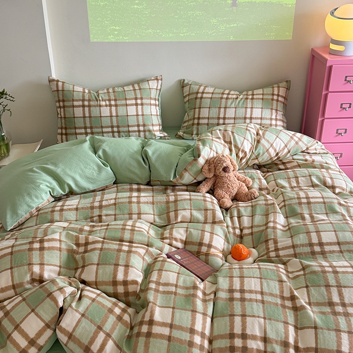 91家纺网 家纺一手货源 找家纺 2025新款全棉有氧双层纱四件套-简约系列 格调-绿