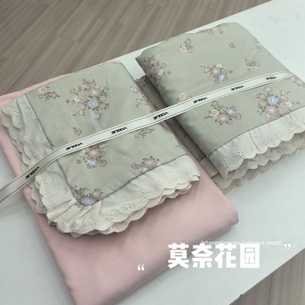 91家纺网 家纺一手货源 找家纺 吾欢心 2025新款韩版花边水洗双层纱四件套 莫奈花园