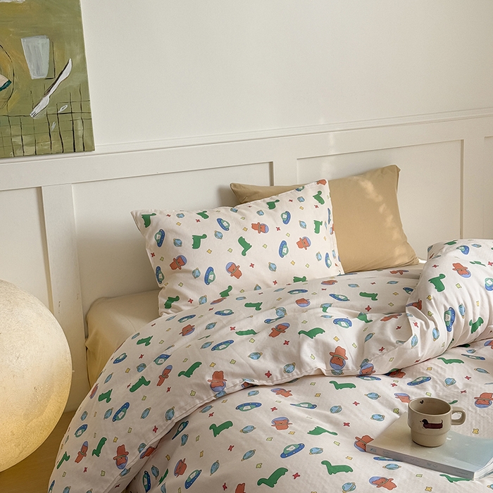 91家纺网 家纺一手货源 找家纺 2025新品全棉A类双层纱卡通风系列四件套 漫游太空