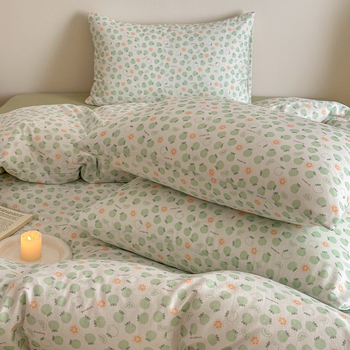 91家纺网 家纺一手货源 找家纺 塞纳 2026新款.全棉有氧双层纱四件套-场景二-大橘大利-绿