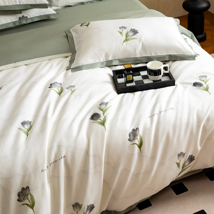 91家纺网 家纺一手货源 找家纺 金奇达2025新款【曼妙庄园】-轻氧水光天丝棉四件套（标准号全网控价（折后券后）不低于268） 玫瑰花语-森绿