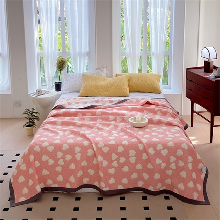 鸣升家纺 2025新款a类全棉三层纱多功能毛巾被盖毯床单夏被空调被 甜蜜爱心-粉