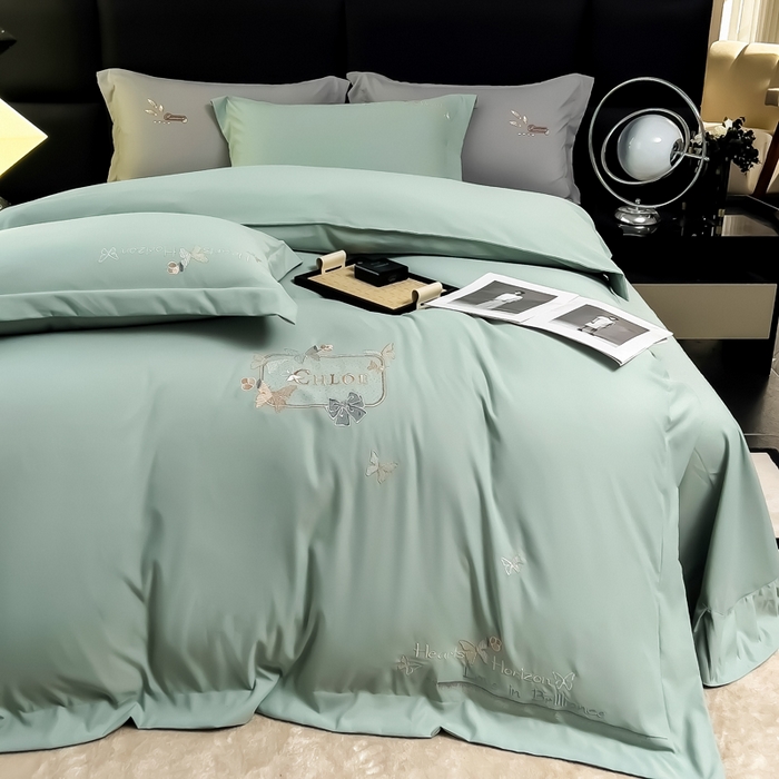 91家纺网 家纺一手货源 找家纺 曲之慕 2025新品四季款高端刺绣四件套简约可水洗轻奢纯色刺绣四件套 梦飞令浅绿