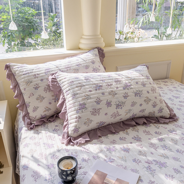 91家纺网 家纺一手货源 找家纺 珍爱家纺 2025新款A类针织棉双层纱夹棉床盖床裙花边单件三件四件套薰衣草