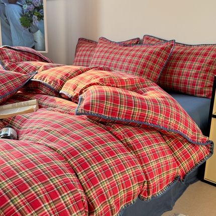 91家纺网 家纺一手货源 找家纺 （总）金丝鸟家纺 2025新款全棉双层纱贝壳边四件套格子系列