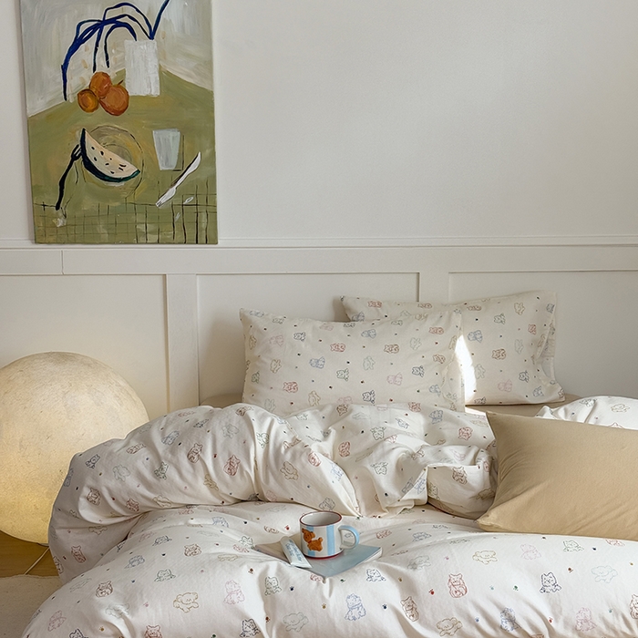 91家纺网 家纺一手货源 找家纺 2025新品全棉A类双层纱卡通风系列四件套 萌爪暖窝