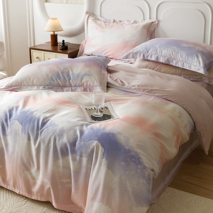 91家纺网 家纺一手货源 找家纺 金奇达2025新款【休闲午后】-轻氧水光莱赛尔四件套（标准号全网控价（折后券后）不低于258） 梦幻云彩